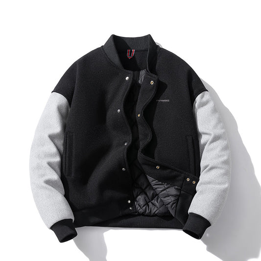 Vintage Varsity Jacket with Color Block - Thickened Cotton-Padded Outerwear