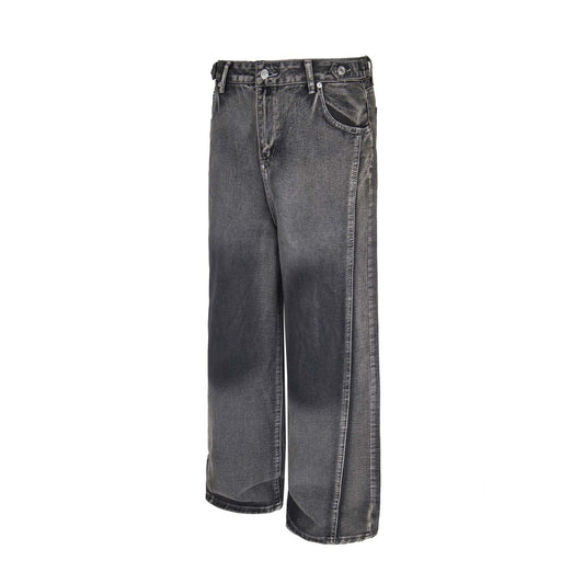 Unisex Retro Washed Spliced Denim Pants - Loose Wide Leg Straight Trousers