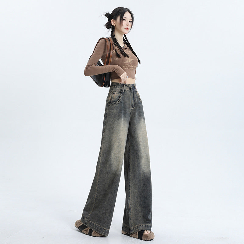 Women's Wide-Leg High-Waisted Distressed Jeans - Vintage Blue