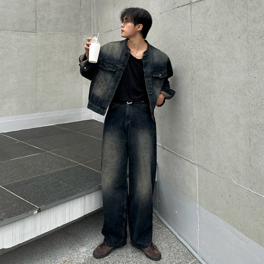 Retro Distressed Wide Leg Jeans Men's Spring Autumn Loose Denim Jacket Commute Fashion Set