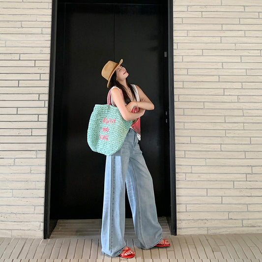 Light Blue Wide-Leg Jeans for Women - Loose Drape Floor-Length Pants