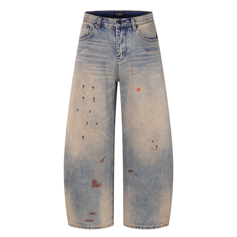 Design Spray Painted Knife Pants for Men - Loose Fit Distressed Denim Jeans