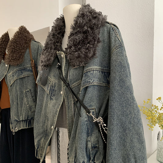 Loose Fleece-lined Thickened Denim Jacket Long Sleeve Casual Warm Top