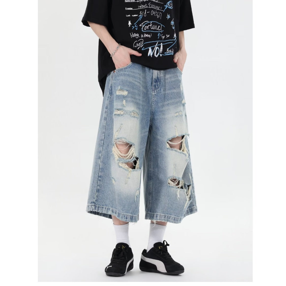 Ripped Denim Loose Washed Distressed Wide Leg Shorts