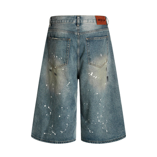 Men's Heavy-Duty Aged Denim Distressed Three-Quarter Shorts