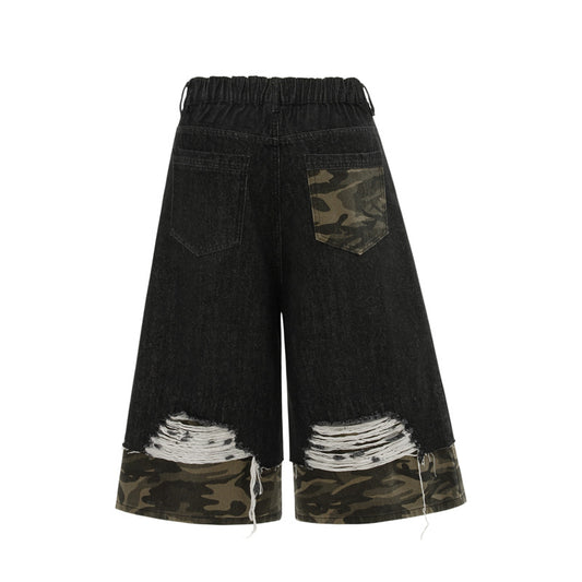 Unisex Oversized Distressed Camouflage Denim Three-Quarter Pants