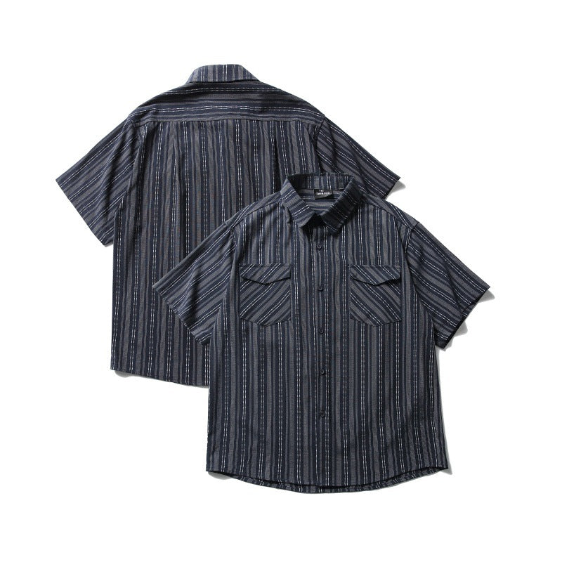 Striped Loose Short Sleeved Shirt with Double Patch Pockets for Men