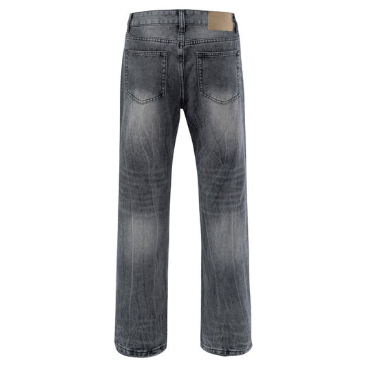 Vibe Retro Washed Vintage Lightning Pattern Denim Pants for Men