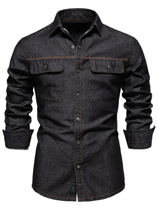 Men's Collared Neck Denim Shirt with Chest Pockets
