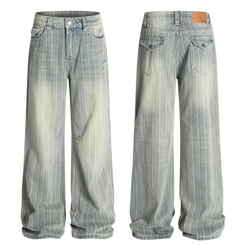 Vintage Vertical Striped Distressed Denim Pants