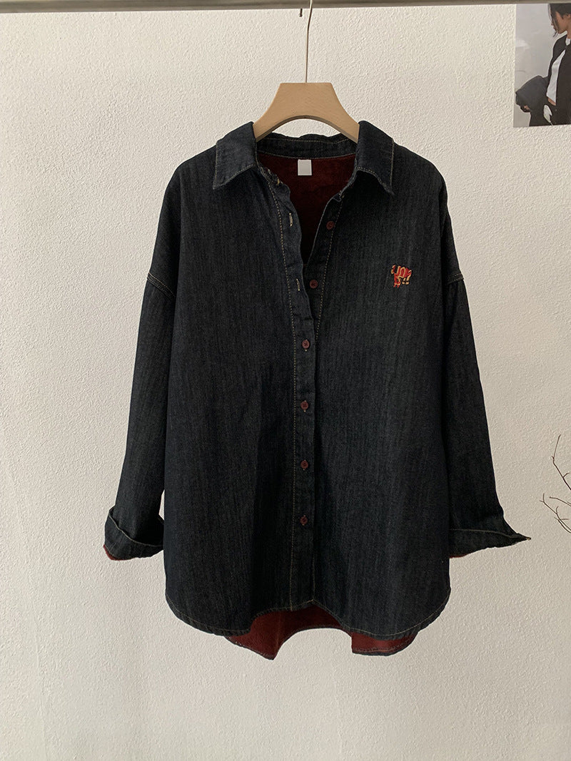 Warm Thickened Loose Mid-Length Open-Front Denim Jacket with Turn-Down Collar and Fleece Lining for Women