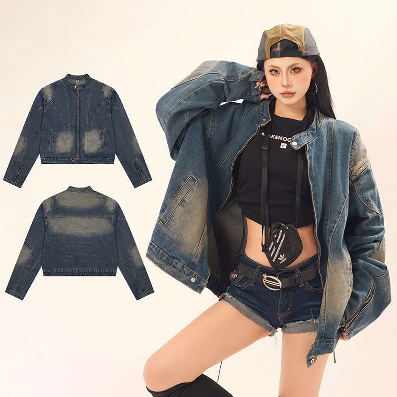 Washed Tie-Dye Stand-Up Collar Denim Jacket