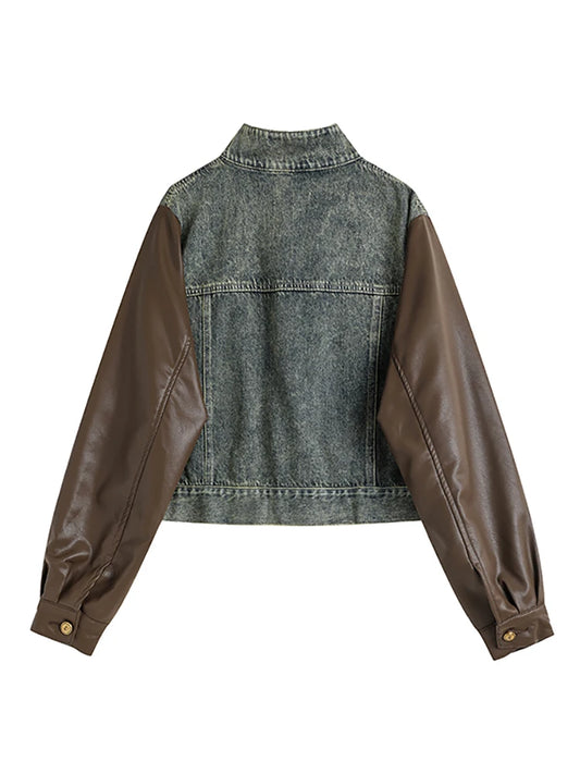 Asymmetric Denim Biker Jacket for Women with Patchwork and PU Leather