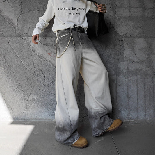Gradient Color Wide-Leg Denim Pants - Retro Style