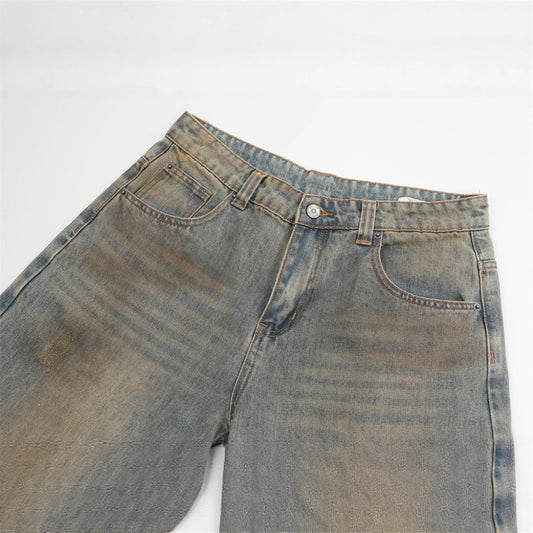 Men's Distressed Denim Jeans with Faded and Cat-Whisker Wash, Loose Fit, Casual Pants