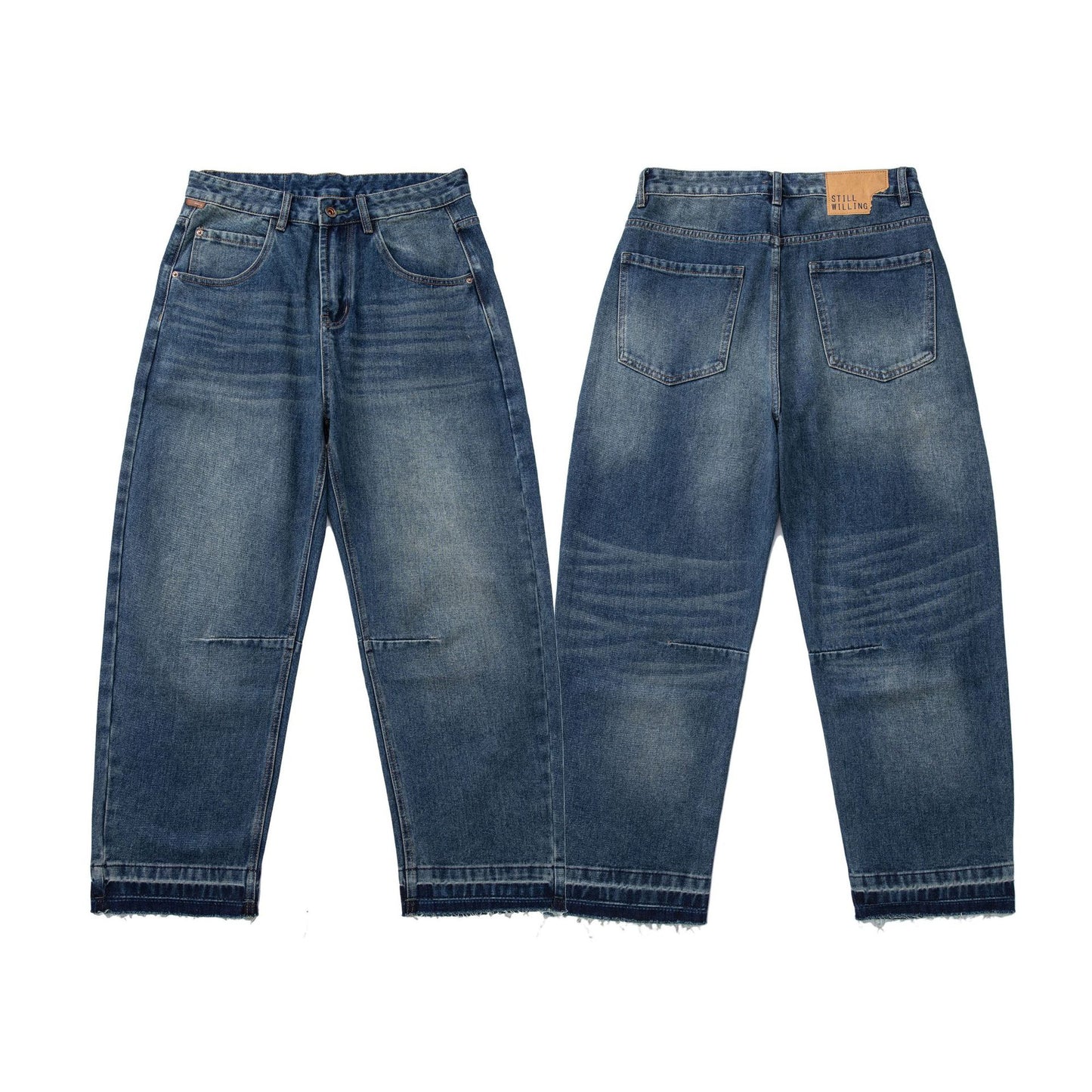 Men's Loose Cuff Tapered Denim Jeans with Catwhisker Wash