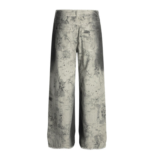 Street Washed Snake Pattern Denim Pants for Men