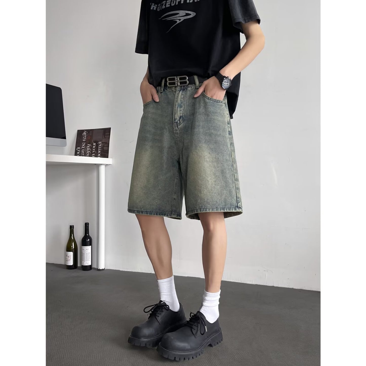 Washed Denim Loose Casual Straight Leg Cropped Pants