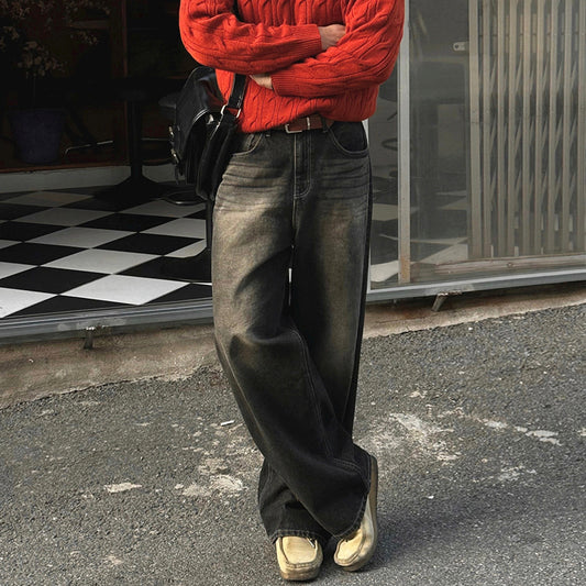 Vintage Washed Straight Leg Jeans Loose Wide Leg Pants Commuter Long Pants