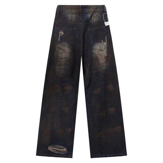 Washed Mud-Dyed Ripped Jeans - Men's Loose Wide-Leg Pants