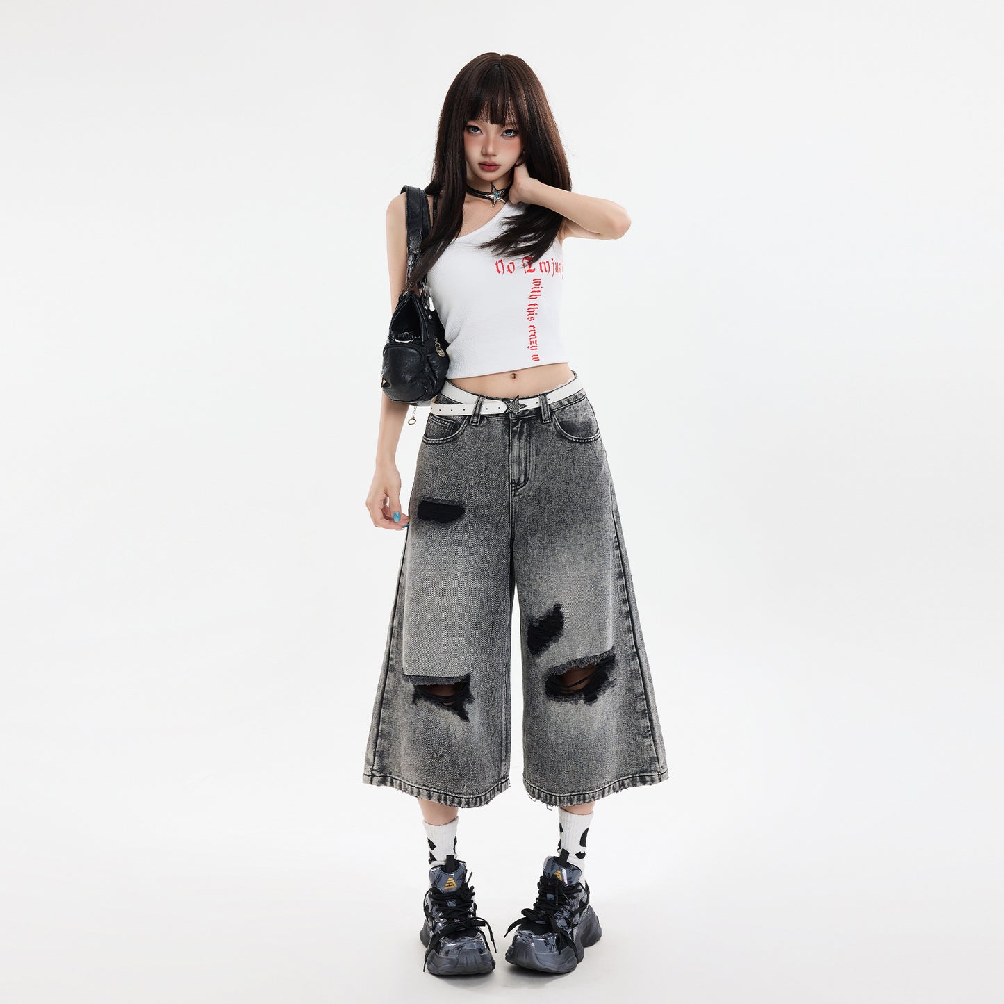 Black Gray Hole Seven-Point Denim Pants for Women - Vintage Wide-Leg Straight Leg Style