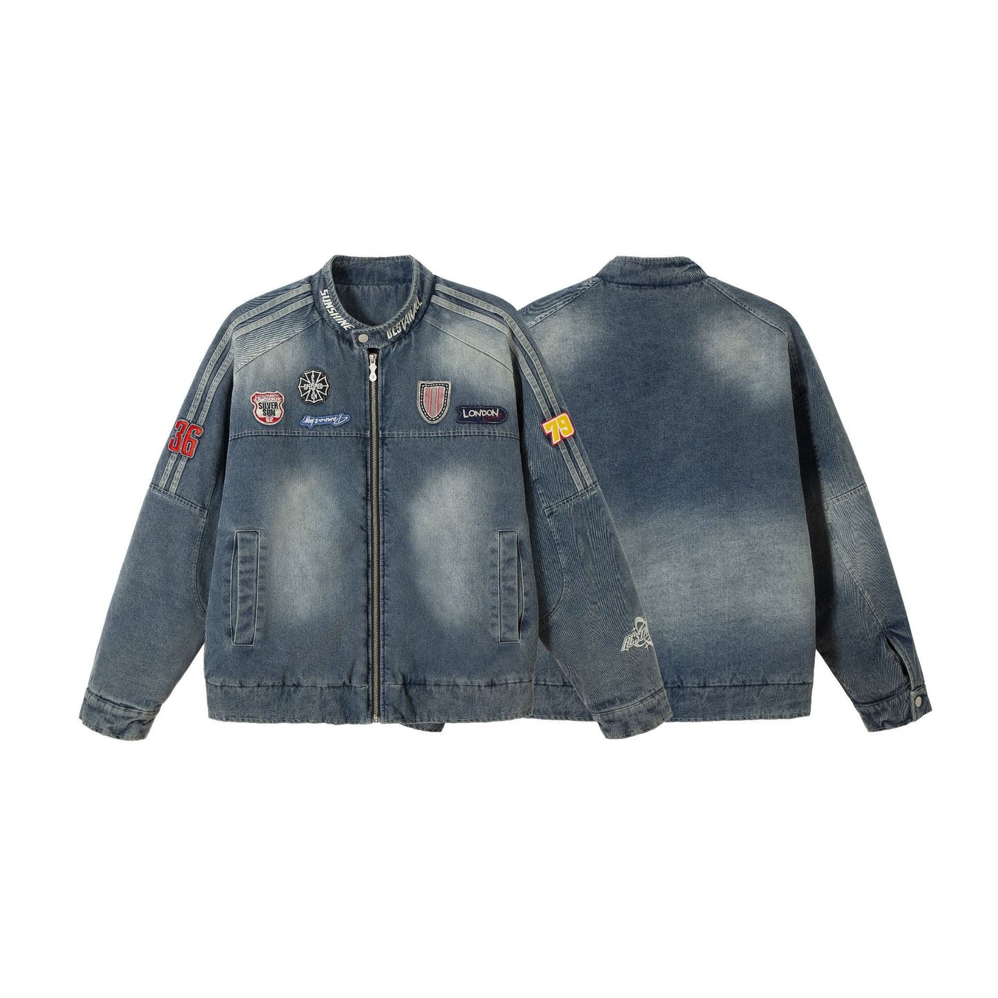 Men's Distressed Badge Denim Cotton Motorcycle Jacket, Stylish and Warm Outerwear