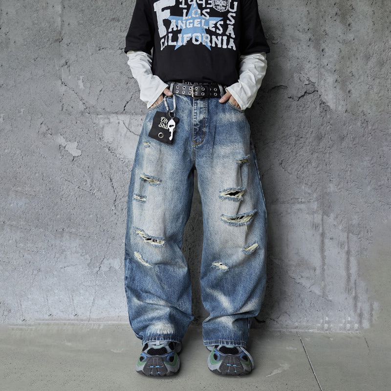 Vintage Design Ripped Streetwear Loose Fit Jeans for Men