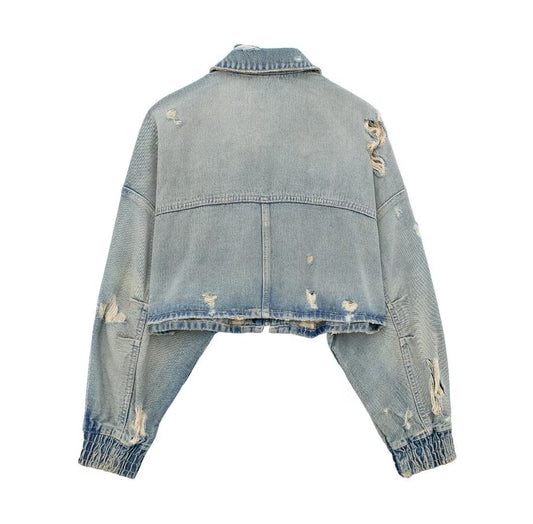 Women's Ripped Crop Denim Jacket - Vintage Long Sleeve Zipper Streetwear