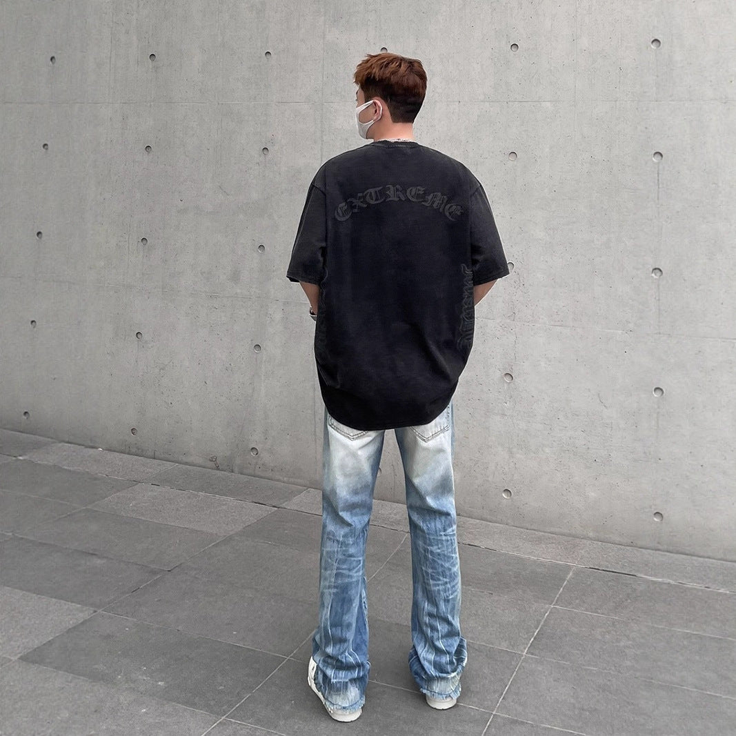 Distressed Washed Ripped Flared Jeans for Men