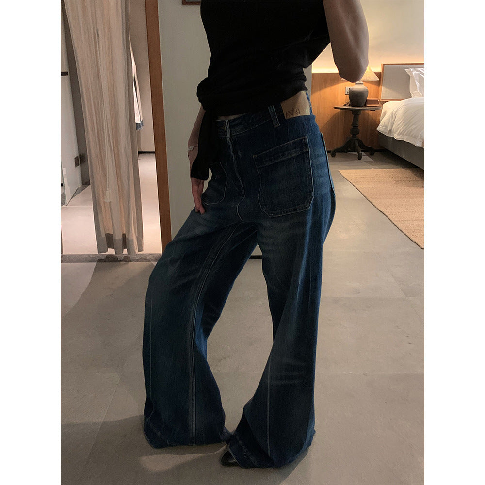 Unique Reversible Denim Wide Leg Pants for Women with Grab Pattern Design