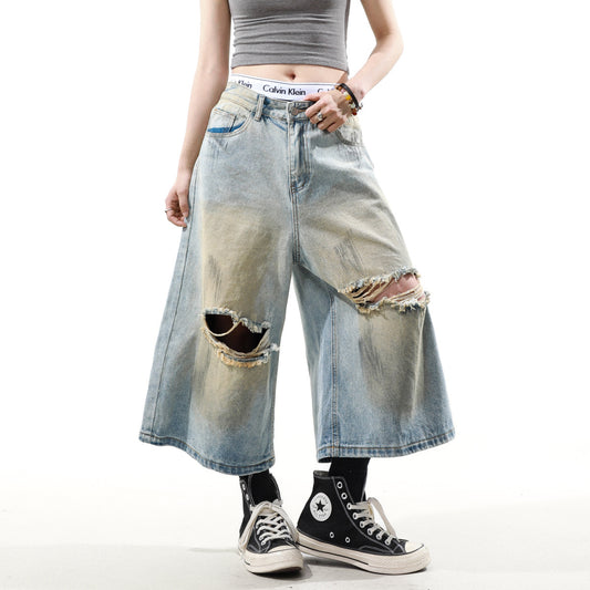 Washed Ripped Design Loose Cropped Pants