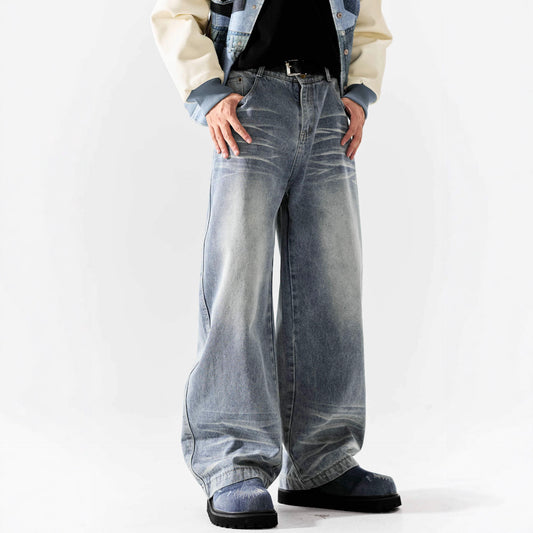 High-Street Wash Denim Long Pants with Unique Design