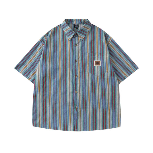 Retro Colorful Striped Short-Sleeved Shirt for Men and Women