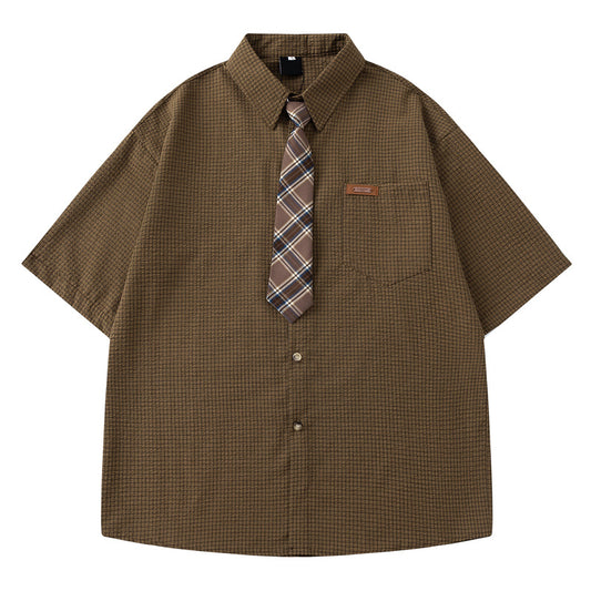 Loose College Style Plaid Pocket Casual Short Sleeve Shirt