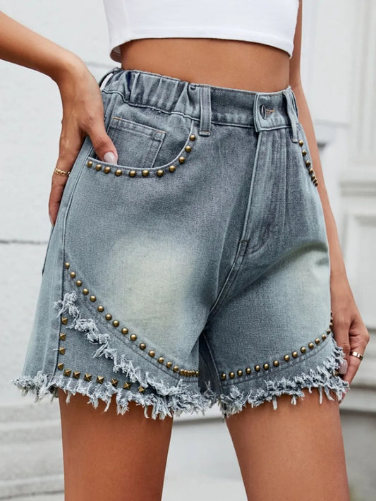 Raw Hem Studded Denim Shorts - Premium Japanese Craftsmanship