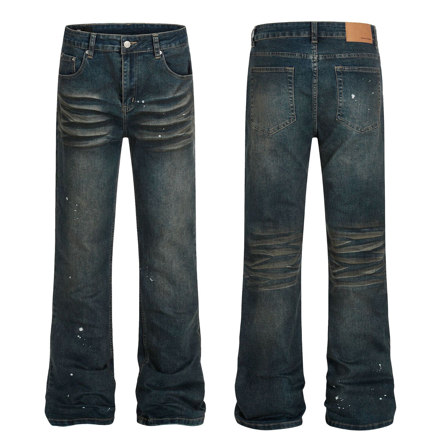 Unisex High-End Vintage Catwhisker Wash Splatter Design Slim Fit Flared Casual Denim Pants