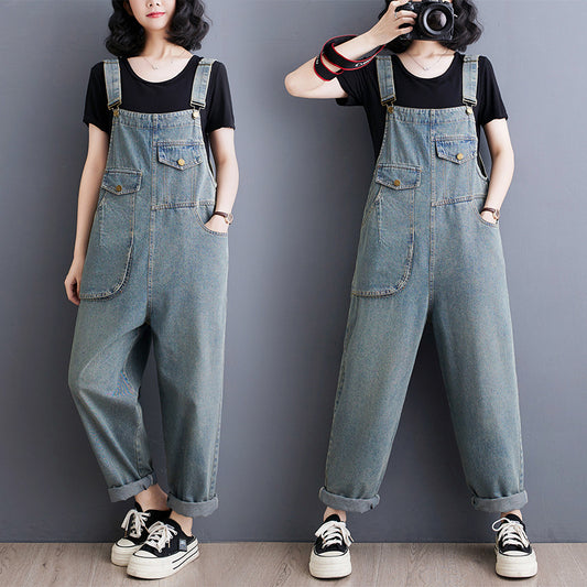 Women's Vintage Denim Jumpsuit - Loose Wide-Leg Romper with Pockets