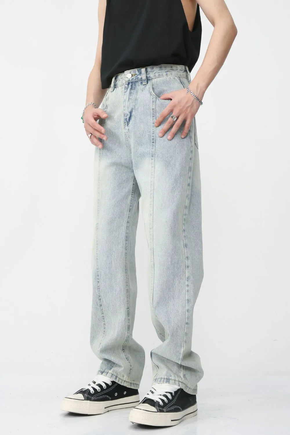 Men's Washed Splicing Straight Leg Jeans - Premium Japanese Denim