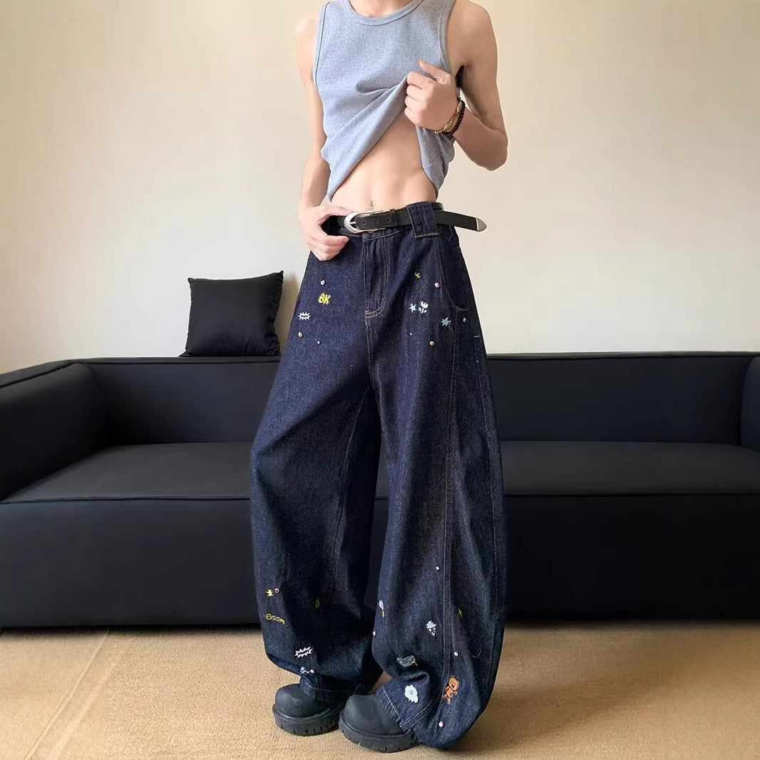 Retro Cartoon Embroidered Curved Knife Jeans