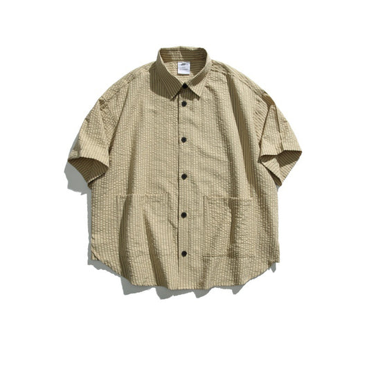 Retro Large Pocket Striped Loose Casual Short Sleeved Shirt for Men