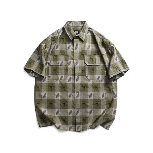 Bear Color Blocked Woven Casual Short Sleeve Shirt for Men and Women