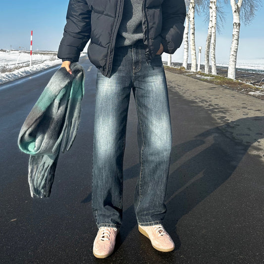 Retro Straight Leg Jeans Washed Distressed Wide Leg Long Pants Commuter Trousers