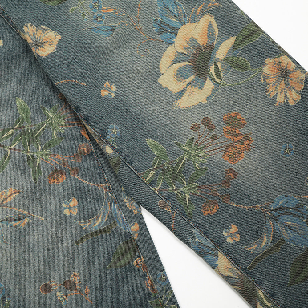 Floral Wide-Leg Denim Trousers for Men and Women