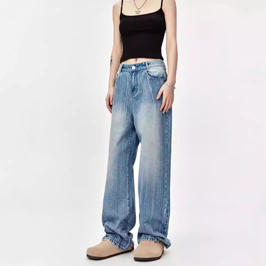 Washed Design Streamline Scratch Oversize Floor-Length Denim Pants
