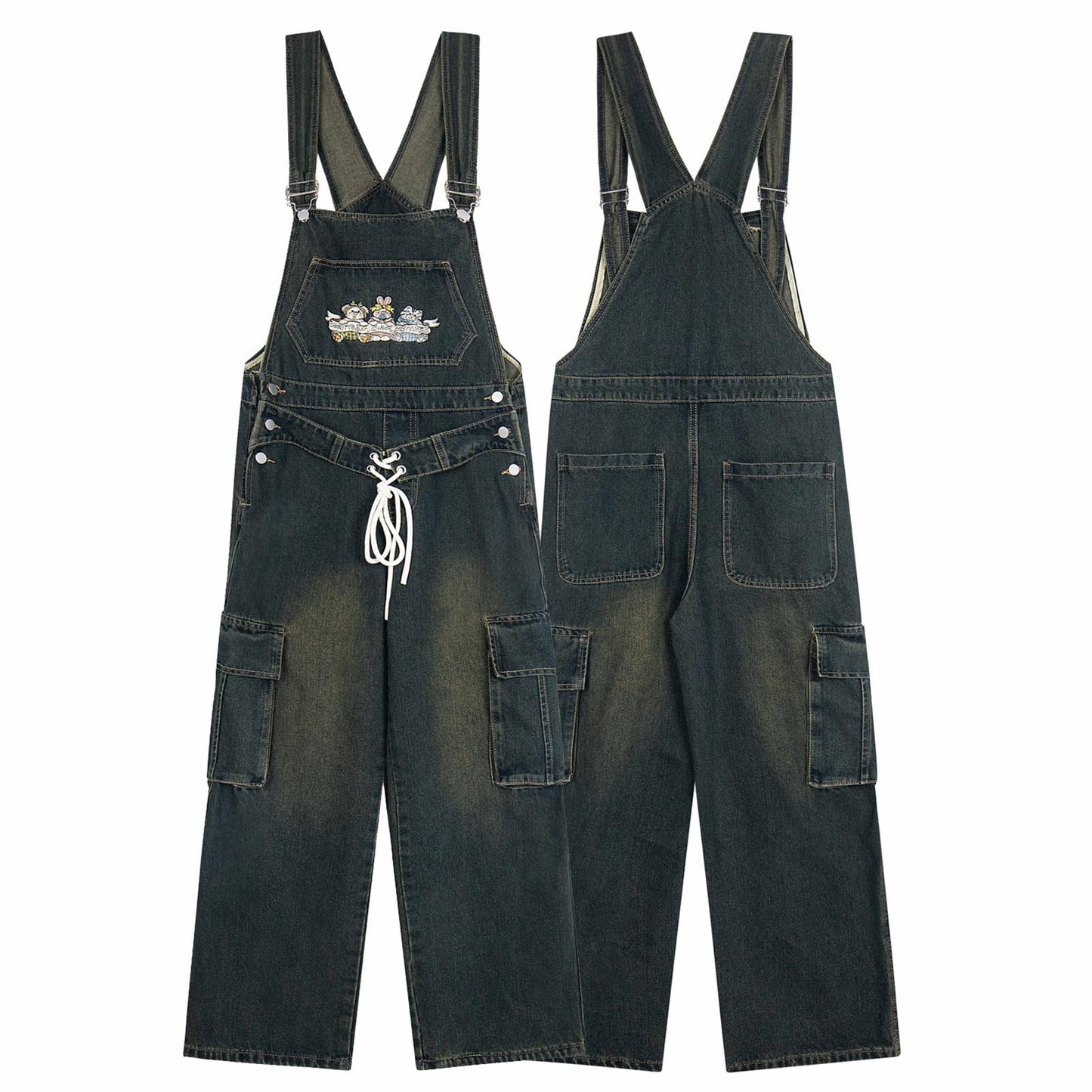 Unisex Cartoon Embroidered Denim Overalls with Water-Washed Finish