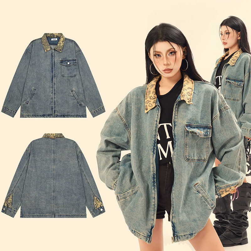 Distressed Denim Jacket with Contrasting Collar and Zipper