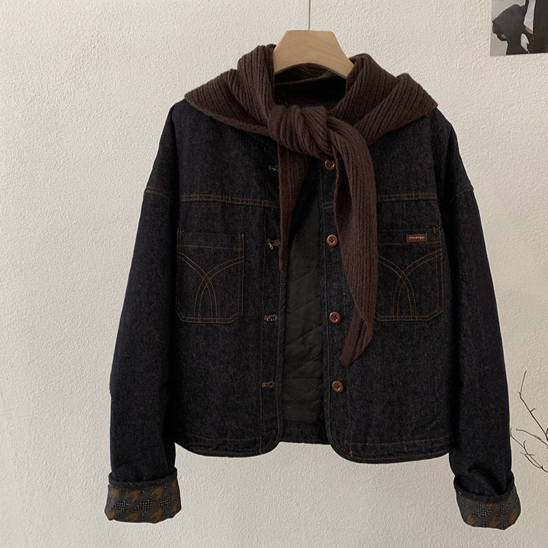 Cotton-Lined Round Neck Single-Breasted Long Sleeve Denim Jacket with Knit Shawl Two-Piece Set for Women