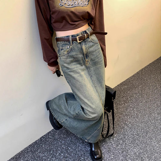 Retro High-Waist Slim A-Line Long Denim Skirt