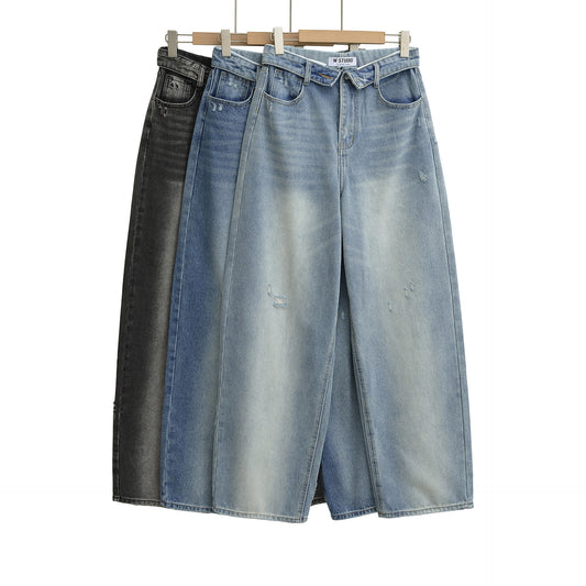 Curled High Waisted Back Pocket Wide Leg Mop Jeans