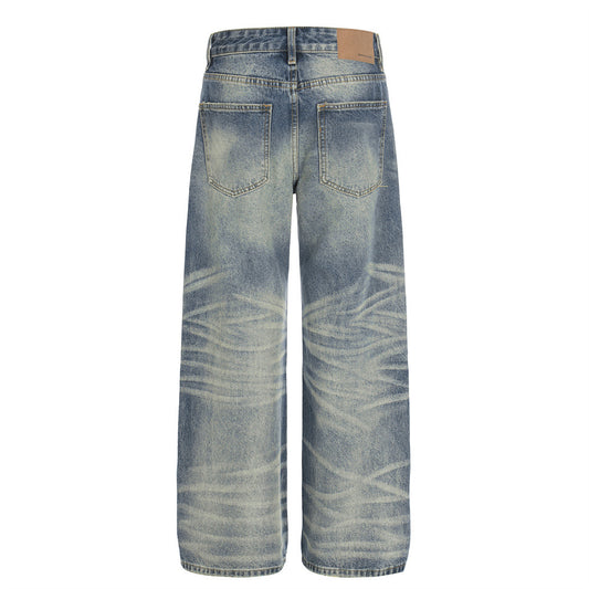 Vintage Men's Denim Pants, Button-Down Faded Straight Leg, Casual Loose Fit, Wide Leg Style